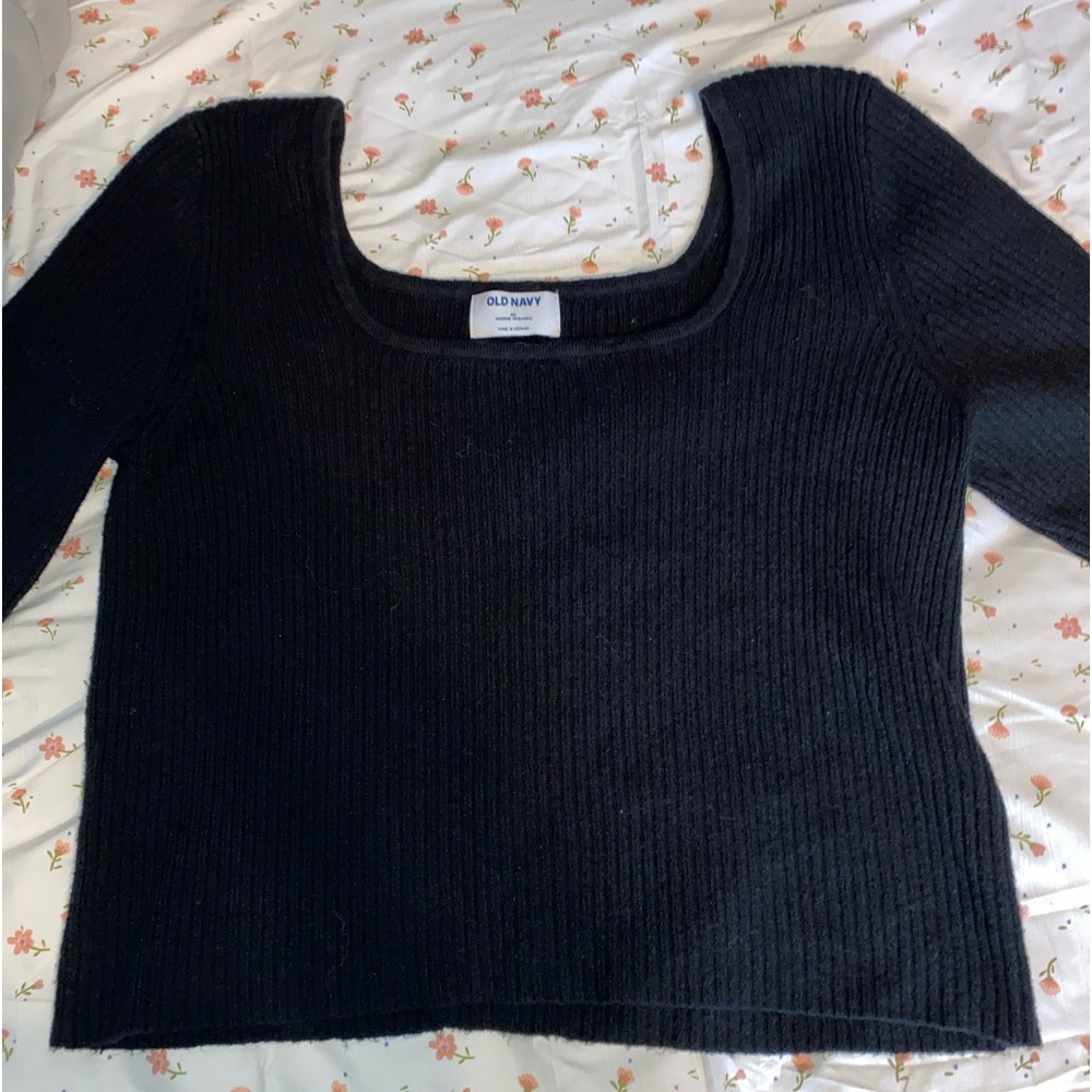 Old Navy Black Fitted Cropped Square-Neck Rib-Knit Sweater